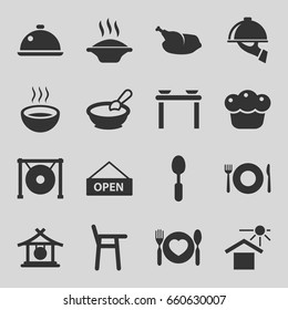 Plate icons set. set of 16 plate filled icons such as plate fork and spoon, gong, porridge, spoon, soup, house under sun, pie, dish, dish serving, chicken