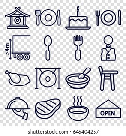 Plate icons set. set of 16 plate outline icons such as gong, porridge, cake with one candle, spoon, fork, soup, cargo height, beef, waiter, dish serving, chicken