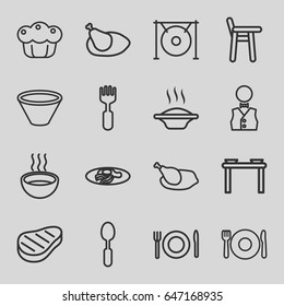 Plate icons set. set of 16 plate outline icons such as plate fork and spoon, fried egg and bacon, spoon, fork, soup, gong, beef, pie, chicken, waiter, bowl, baby chair