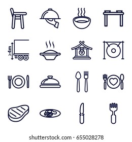 Plate icons set. set of 16 plate outline icons such as dish, gong, fried egg and bacon, knife, fork, soup, cargo height, plate with spoon and fork, beef, dish serving