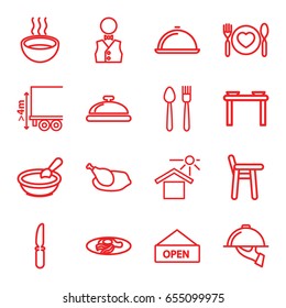Plate icons set. set of 16 plate outline icons such as dish, porridge, fried egg and bacon, knife, soup, house under sun, cargo height, plate with spoon and fork, waiter