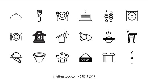 Plate icons. set of 18 editable outline plate icons: open plate, soup, baby chair, knife, fork, house under sun, gong, kebab, pie, chicken, dish serving, bowl, dish