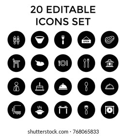 Plate icons. set of 20 editable filled and outline plate icons such as soup, table with plates and pan, fork, gong, dish, chicken, bowl, cake with one candle, baby chair