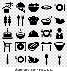 Plate icons set. set of 25 plate filled icons such as plate fork and spoon, porridge, cake with one candle, fried egg and bacon, spoon, knife, fork, soup, house under sun