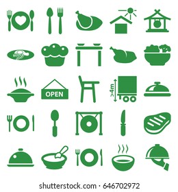 Plate icons set. set of 25 plate filled icons such as plate fork and spoon, dish, gong, porridge, fried egg and bacon, spoon, knife, soup, house under sun, cargo height, beef