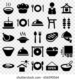 Plate icons set. set of 25 plate filled icons such as dish, gong, porridge, cake with one candle, fried egg and bacon, soup, house under sun, cargo height, beef, kebab, pie