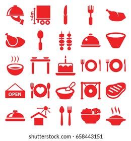 Plate icons set. set of 25 plate filled icons such as plate fork and spoon, dish, porridge, cake with one candle, spoon, knife, fork, soup, house under sun, cargo height, gong