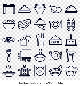 Plate icons set. set of 25 plate outline icons such as plate fork and spoon, dish, gong, porridge, cake with one candle, fried egg and bacon, fork, soup, house under sun