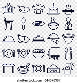 Plate icons set. set of 25 plate outline icons such as plate fork and spoon, dish, gong, porridge, cake with one candle, fried egg and bacon, spoon, soup, house under sun