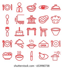 Plate icons set. set of 25 plate outline icons such as plate fork and spoon, dish, gong, porridge, cake with one candle, fried egg and bacon, spoon, knife, fork, soup