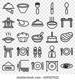 Plate icons set. set of 25 plate outline icons such as plate fork and spoon, dish, gong, porridge, cake with one candle, fried egg and bacon, spoon, knife, fork, soup