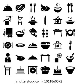 Plate icons. set of 36 editable filled plate icons such as dish, gong, porridge, cake with one candle, soup, baby chair, table with plates and pan, fried egg and bacon, knife