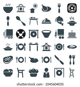 Plate icons. set of 36 editable filled plate icons such as plate fork and spoon, dish, gong, soup, baby chair, fried egg and bacon, spoon, fork, cargo height, beef, pie