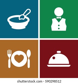 plate icons set. Set of 4 plate filled icons such as porridge, plate with spoon and fork, waiter