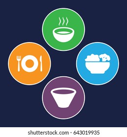Plate icons set. set of 4 plate filled icons such as plate fork and spoon, soup, food