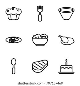 Plate icons. set of 9 editable outline plate icons such as cake with one candle, fried egg and bacon, spoon, fork, beef, pie, food, chicken