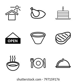 Plate icons. set of 9 editable outline plate icons such as soup, house under sun, beef, chicken, dish, bowl