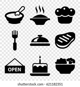 Plate icons set. set of 9 plate filled icons such as dish, porridge, cake with one candle, fork, beef, pie, food, open plate