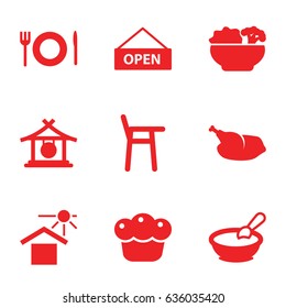 Plate icons set. set of 9 plate filled icons such as gong, porridge, house under sun, pie, food, chicken
