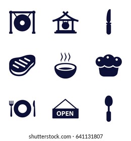 Plate icons set. set of 9 plate filled icons such as gong, spoon, knife, soup, beef