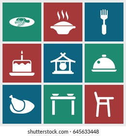 Plate icons set. set of 9 plate filled icons such as gong, cake with one candle, fried egg and bacon, fork, chicken, dish, soup, baby chair