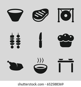 Plate icons set. set of 9 plate filled icons such as knife, soup, gong, beef, kebab, pie, chicken, bowl