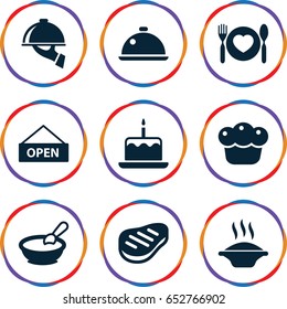 Plate icons set. set of 9 plate filled icons such as porridge, cake with one candle, beef, pie, dish, dish serving