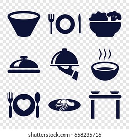 Plate icons set. set of 9 plate filled icons such as dish, fried egg and bacon, soup, plate with spoon and fork, food, dish serving