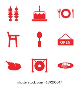 Plate icons set. set of 9 plate filled icons such as cake with one candle, fried egg and bacon, spoon, gong, kebab, chicken