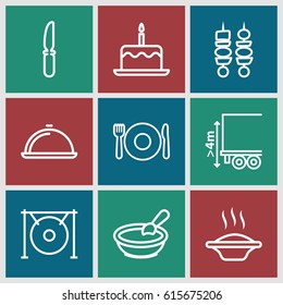 Plate icons set. set of 9 plate outline icons such as plate fork and spoon, porridge, cake with one candle, knife, cargo height, gong, kebab, dish