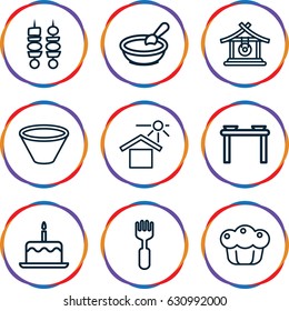 Plate icons set. set of 9 plate outline icons such as gong, porridge, cake with one candle, fork, house under sun, kebab, pie, bowl