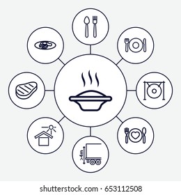 Plate icons set. set of 9 plate outline icons such as fried egg and bacon, house under sun, cargo height, gong, beef