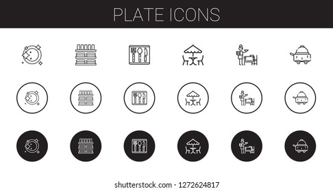 plate icons set. Collection of plate with dinnerware, cutlery, picnic, setting the table, room service. Editable and scalable plate icons.