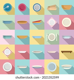 Plate icons set flat vector. Food cutlery. Dinner round plate
