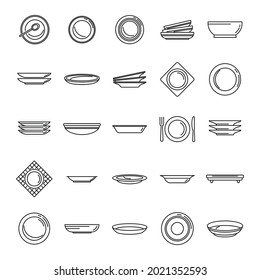 Plate icons set outline vector. Food cutlery. Dinner round plate