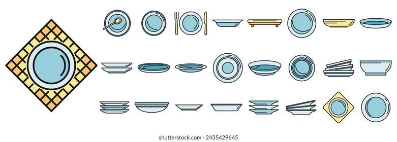 Iconos de la placa establecen el vector de contorno. Cubertería de comida. Línea de color de plato redondo de cena aislada