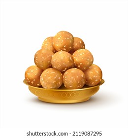 Plate with Indian sweets laddu (ladoo) isolated on white. Traditional dessert for many Hindu festivals (Pongal, Dussehra, Diwali). Vector illustration. 