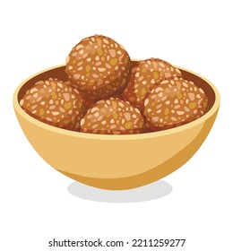 Plata con dulces indios laddu (ladoo) aislados en blanco. Postre tradicional para muchos festivales hindúes (Pongal, Dussehra, Diwali). Ilustración vectorial.