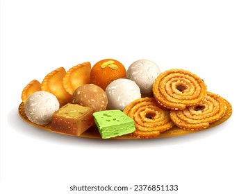 Plate with Indian sweets and snacks – laddu, chakali, gujiya, halwa, barfi. Traditional dessert for Diwali festival. Isolated on white. Vector illustration. 