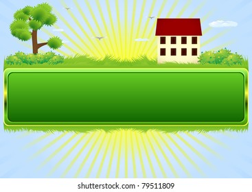 Plate for an inscription framed by the natural landscape with a village house of the rising sun and birds