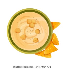 Plate of Israel's national food hummus with nacho chips isolated on white background.