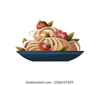 Plate of Italian pasta with tomatos. Italian cuisine, healthy food, cooking, restaurant menu, eating, recipes concept. Vector illustration for, poster, menu, cover, banner.