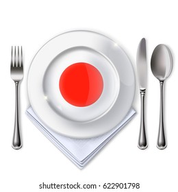 A plate with an Japanese flag. Empty plate with spoon, knife and fork on a white background. Mesh. Clipping Mask. This file contains transparency.