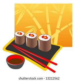 Plate from a Japanese rolls, chopsticks and soya  sauce on a white background.