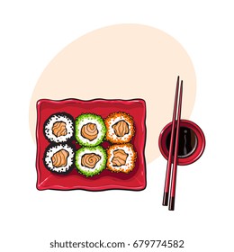Plate of Japanese sushi, rolls, chosticks and soy sauce bowl, top view hand drawn, sketch style vector illustration with space for tex. Sushi serving plate, chopsticks, soy sauce