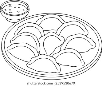 Página para colorear de esquema de plato de albóndigas de jiaozi. China lunar año nuevo para colorear página para niños