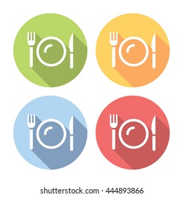 Plate And Kitchen Cutlery Flat Style Design Icons Set