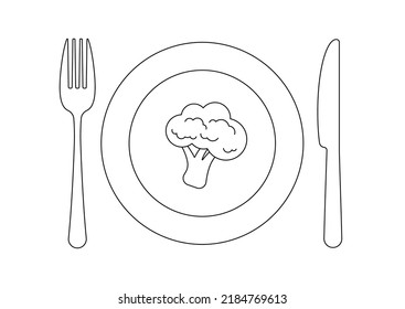 Plate knife fork and broccoli line art icon set isolated on white background. Top view lineart cutlery - silverware design vegan food template. Vector flat design outline style illustration.