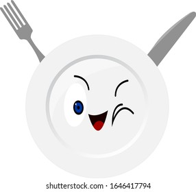 plate knife and fork cartoon character smiling and winking on a white background concept of accessories and restaurant business