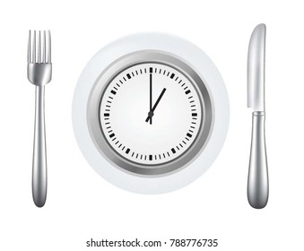 Plate with knife and fork and clock in the plate, meal time concept, vector